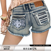 JYOSEI角色原创水洗重工毛边铆钉刺绣破洞Y2K中低腰美式 牛仔短裤