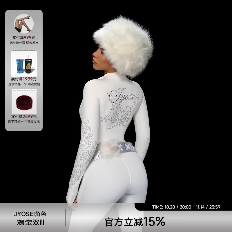 JYOSEI角色加绒烫钻印花连体衣女户外滑雪美式紧身运动一体衣