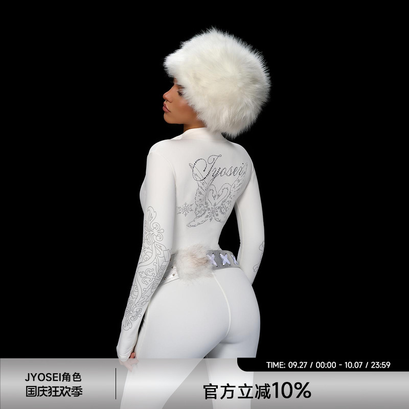 JYOSEI角色加绒烫钻印花连体衣女户外滑雪美式紧身运动一体衣
