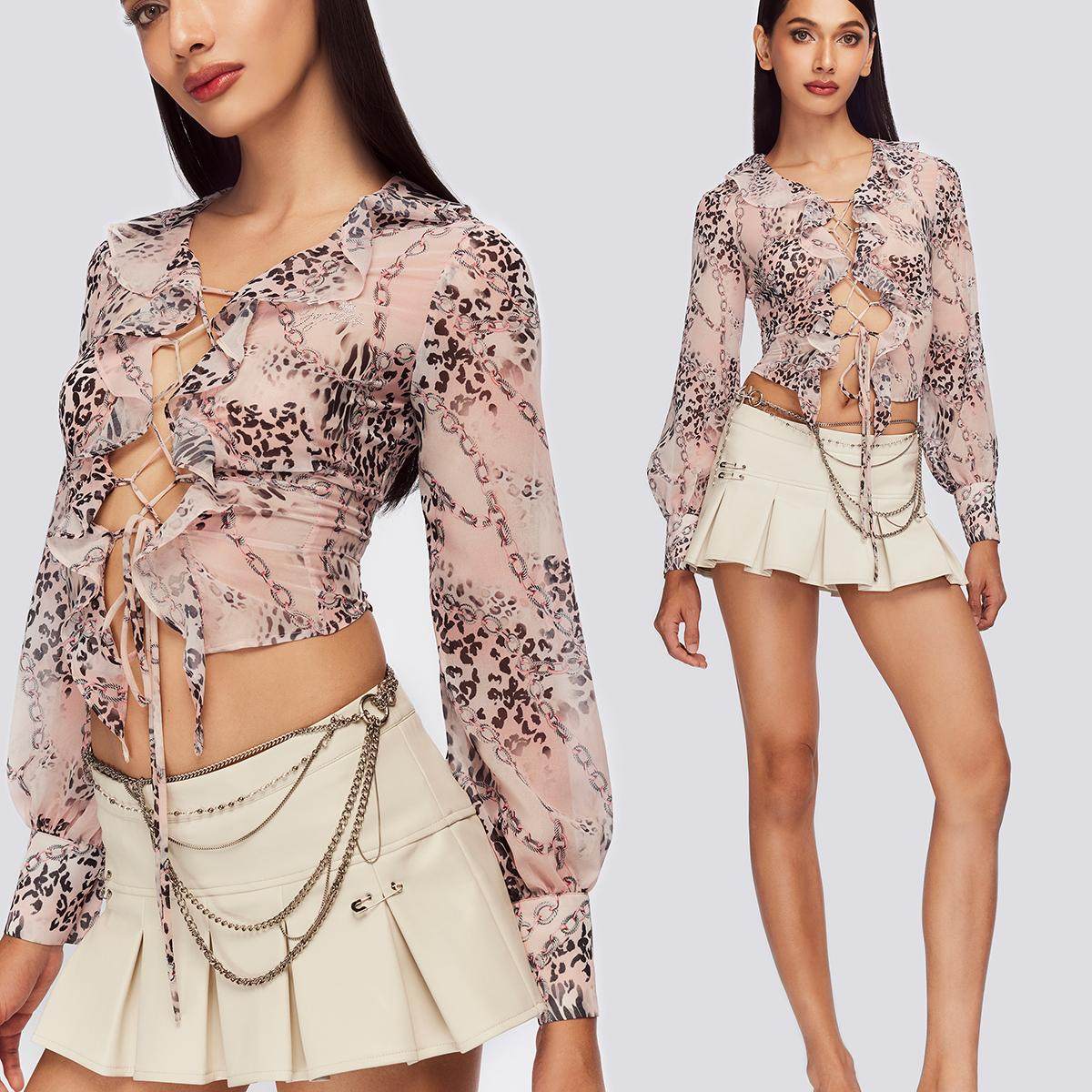 JYOSEI角色原创辣妹y2k粉色豹纹印花雪纺衫链条绑带修身长袖上衣,女装/女士精品,蕾丝衫/雪纺衫,淘宝优惠券,粉丝福利购,淘宝优惠卷