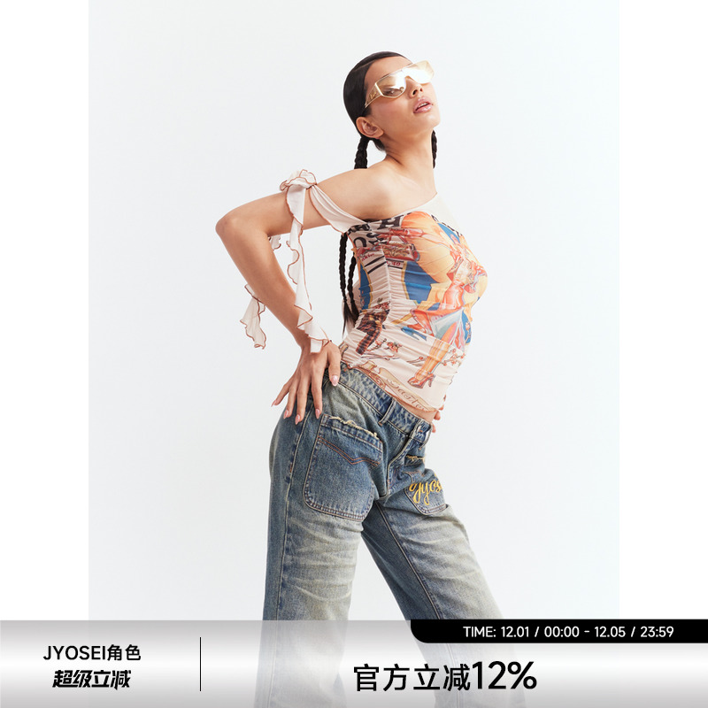 JYOSEI角色原创单肩网纱长袖上衣