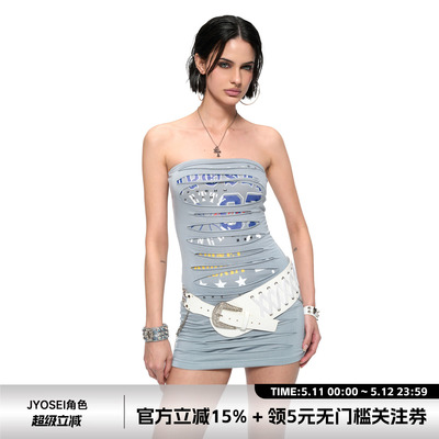 镂空破洞铆钉抹胸包臀紧身连衣裙