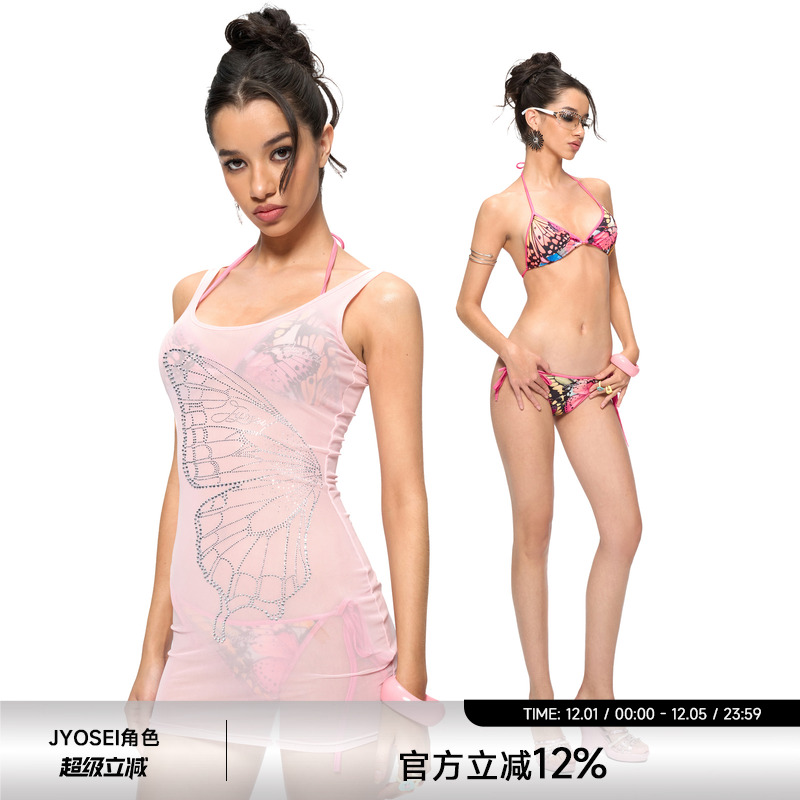 JYOSEI角色原创蝴蝶印花分体三角杯泳衣比基尼+网纱背心裙罩衫女