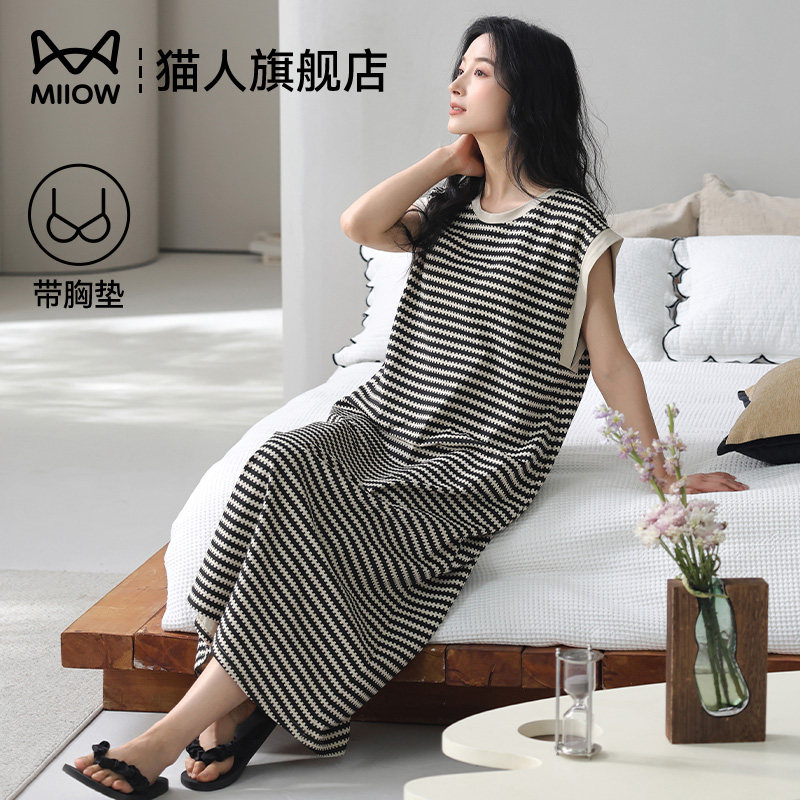 猫人纯棉夏季薄款带胸垫睡裙女款图片