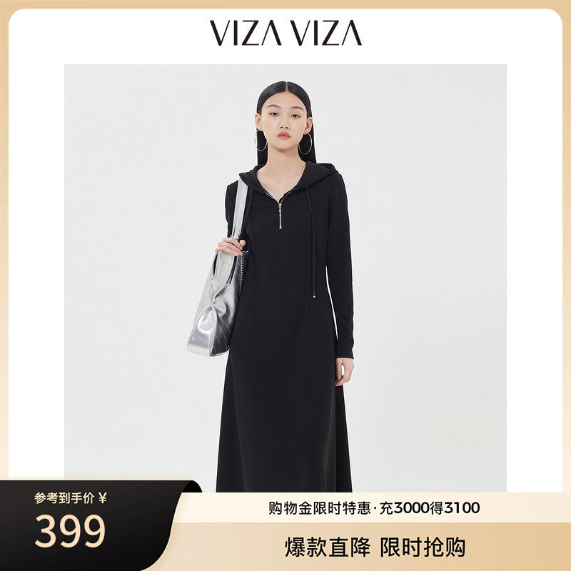 VIZA VIZA 2025年春季新款气质通勤黑色长袖连衣裙图片