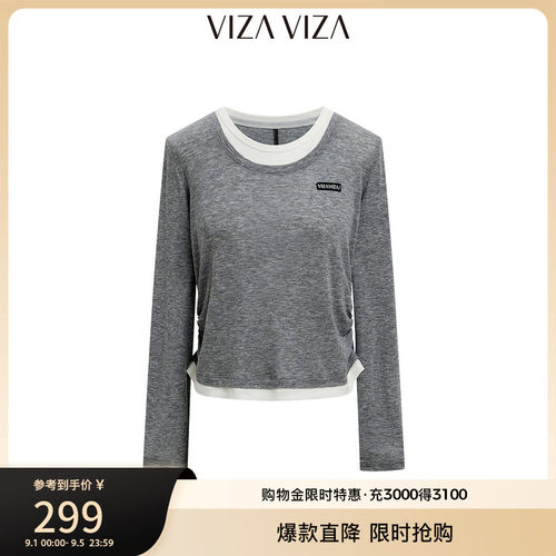 VIZA VIZA 2026秋季新款MIU系学院风撞色假两件灰色圆领长袖T恤女