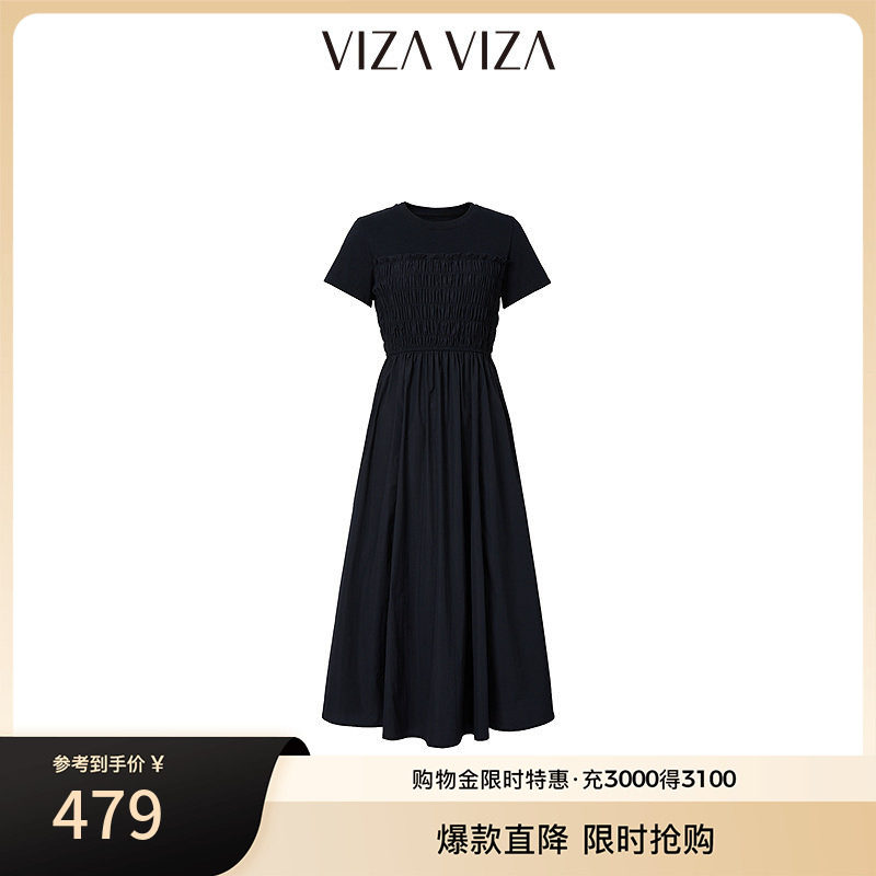 VIZA VIZA 2025夏季新款黑色气质圆领短袖拼接连衣裙图片