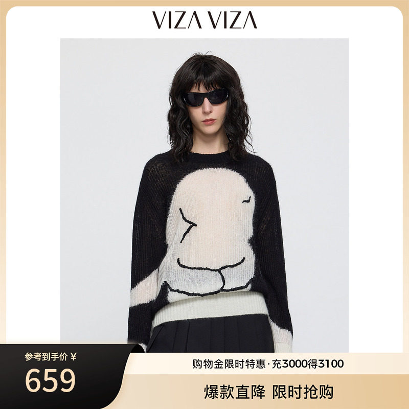 VIZA VIZA 2026冬季新款通勤简约休闲气质宽松黑色圆领毛针织衫女图片