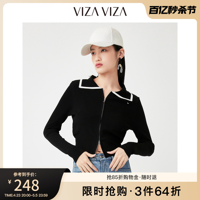 【商场同款】VIZA VIZA 2023春秋新款针织衫女拉链拼接针织开衫女-封面