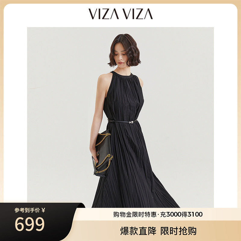 VIZA VIZA 2025秋季新款通勤气质黑色收腰无袖连衣裙图片
