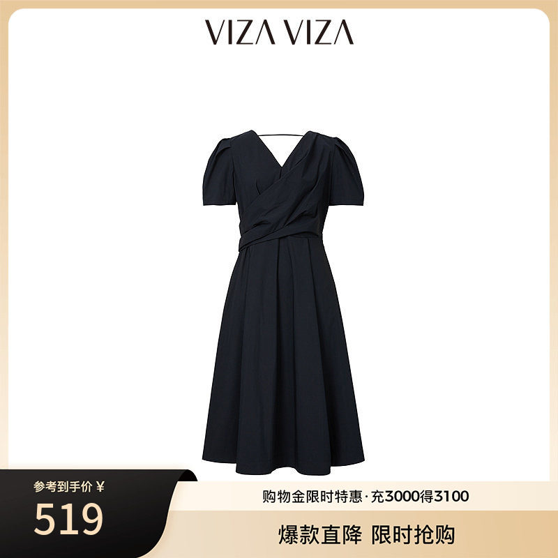 VIZA VIZA 2025夏季新款通勤气质黑色V领短袖连衣裙图片