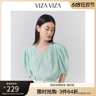 新款 女 V领灯笼袖 VIZA 夏季 商场同款 上衣雪纺蕾丝衫