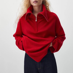 女装 新款 西班牙 冬季 拉链饰POLO衫 领女士宽松纯色休闲上衣针织衫