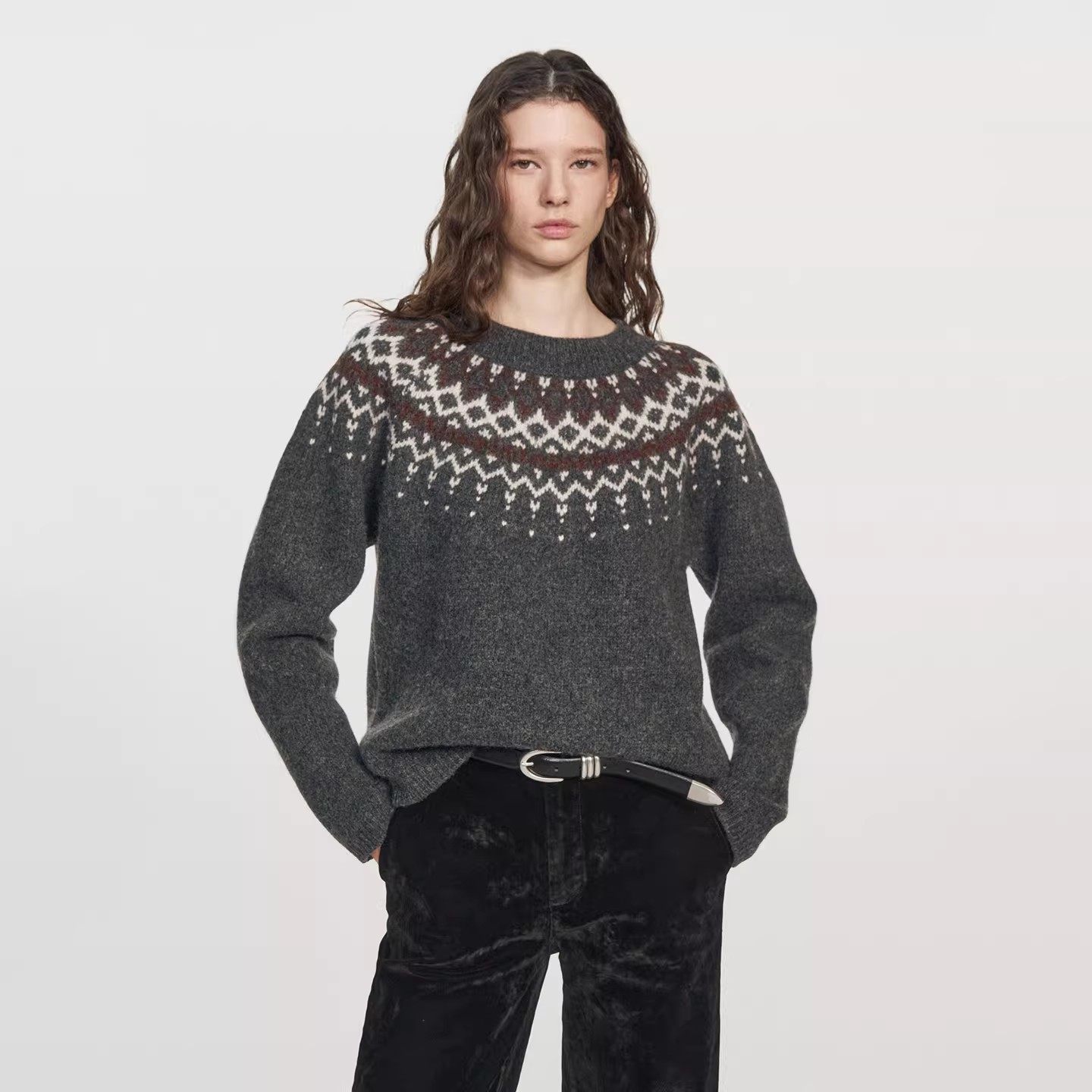 秋冬软糯费尔岛灰菱格圆领毛衣