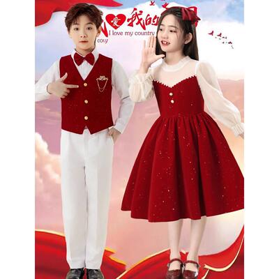 中小学生合唱团表演服装爱国诗歌朗诵演讲比赛男女合唱祖国中国红