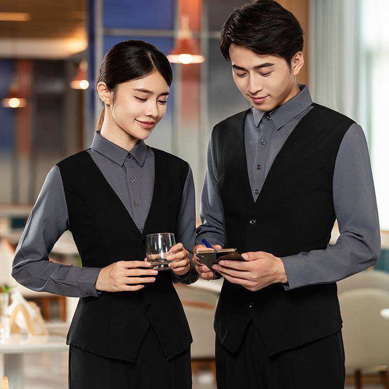 西餐厅服务员工作服长袖假两件马甲衬衣烤肉KTV酒吧饭店前厅工装
