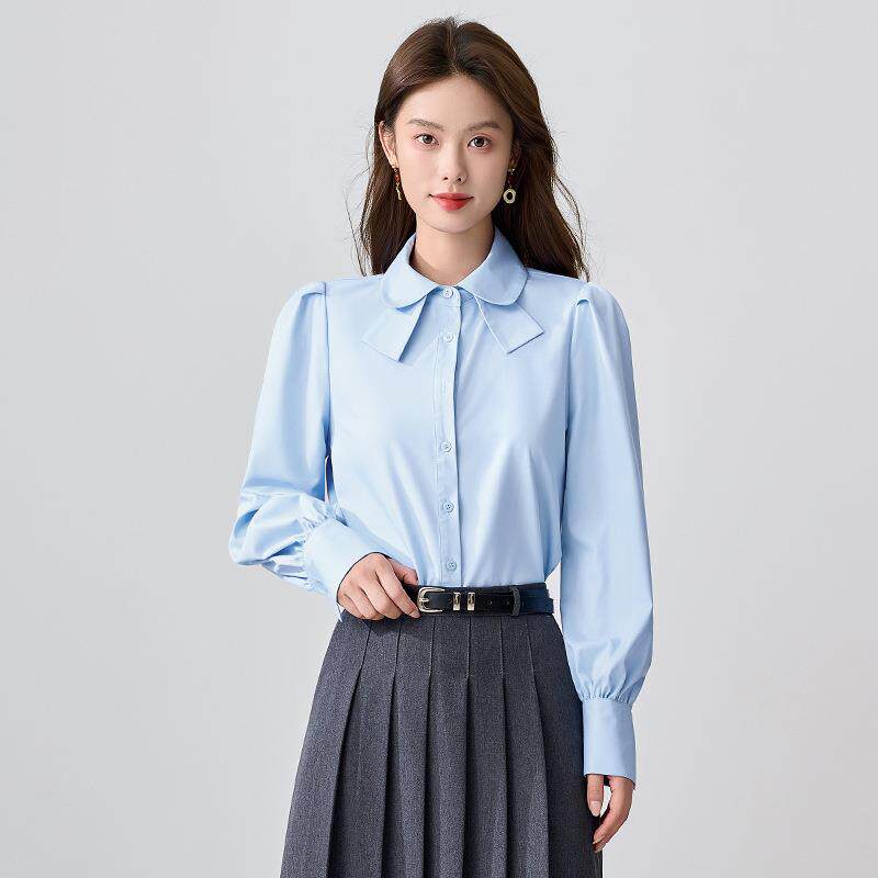娃娃领白色圆领衬衫女外穿2025秋长袖法式泡泡袖上衣宽松衬衫外搭