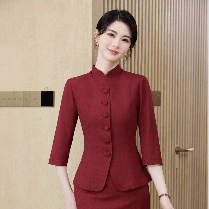 端中式国风西装套装女春夏新款气质OL西服中袖包臀连衣裙两件套