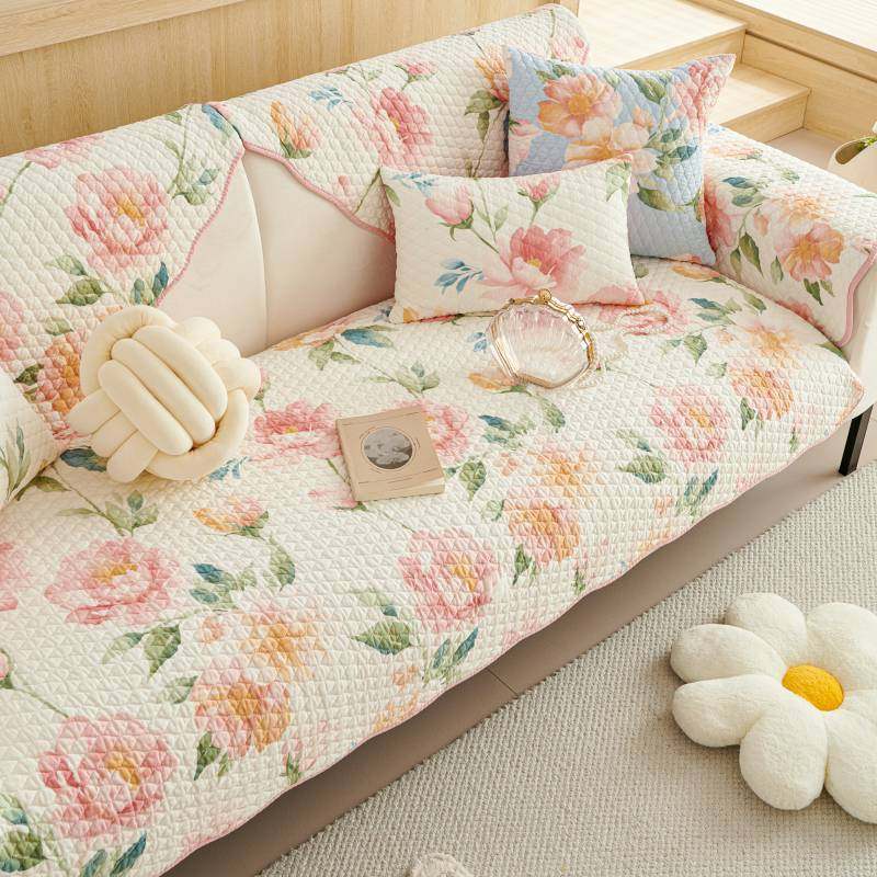 纯棉斜纹面料水洗棉沙发垫四季通用防滑田园花卉加棉加厚透气靠背