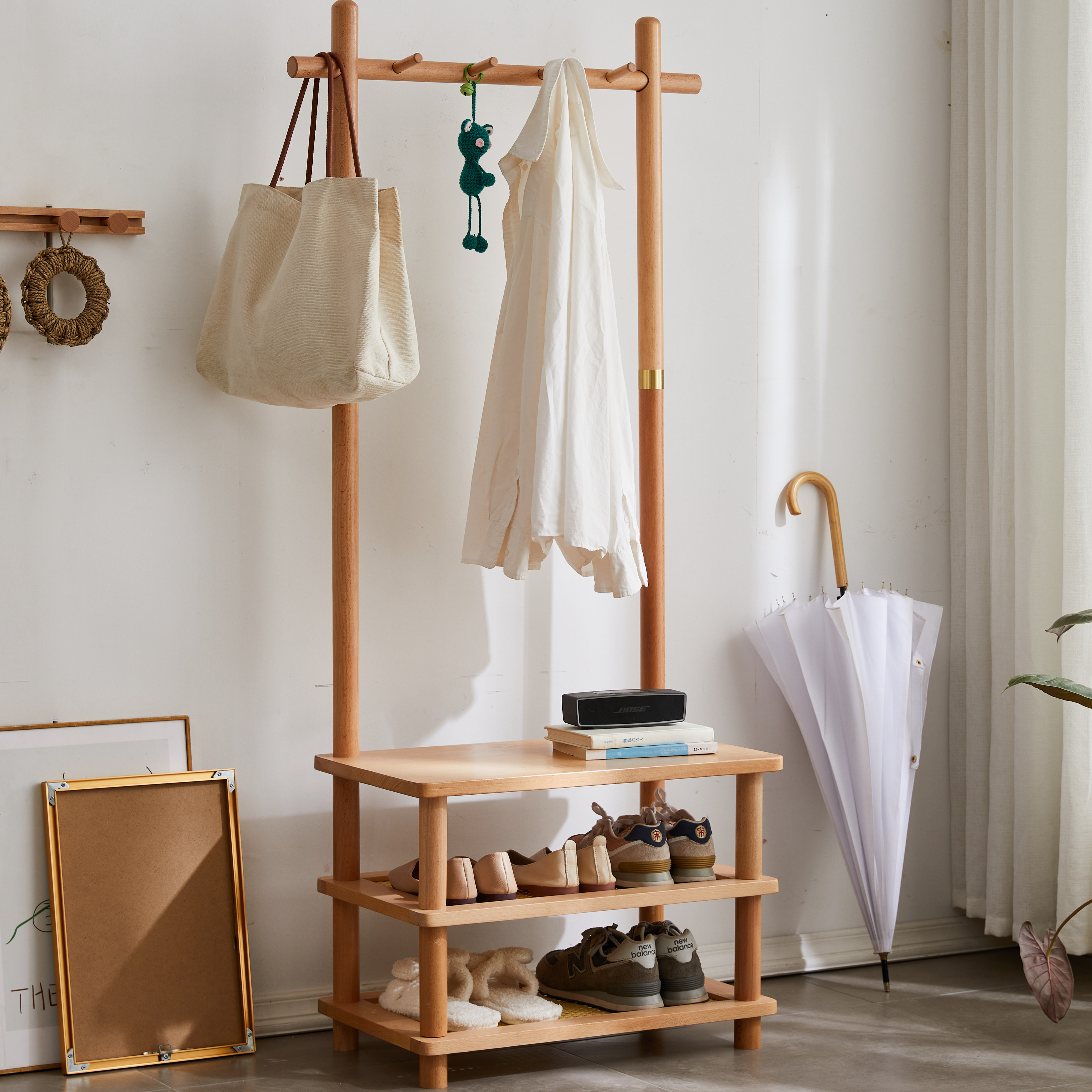 实木衣帽架换鞋凳落地式收纳置物架家用简约挂衣架玄关多功能鞋凳