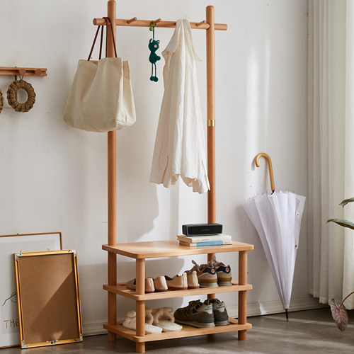 实木衣帽架落地式换鞋凳收纳架子