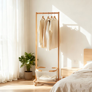 实木落地挂衣架可移动卧室衣架家用衣帽架床边多功能脏衣篓置物架