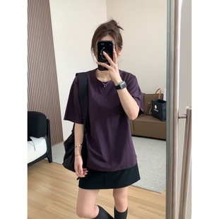宽松大版 JMHH t恤女夏季 紫光 圆领显瘦休闲上衣 原木棉紫色短袖