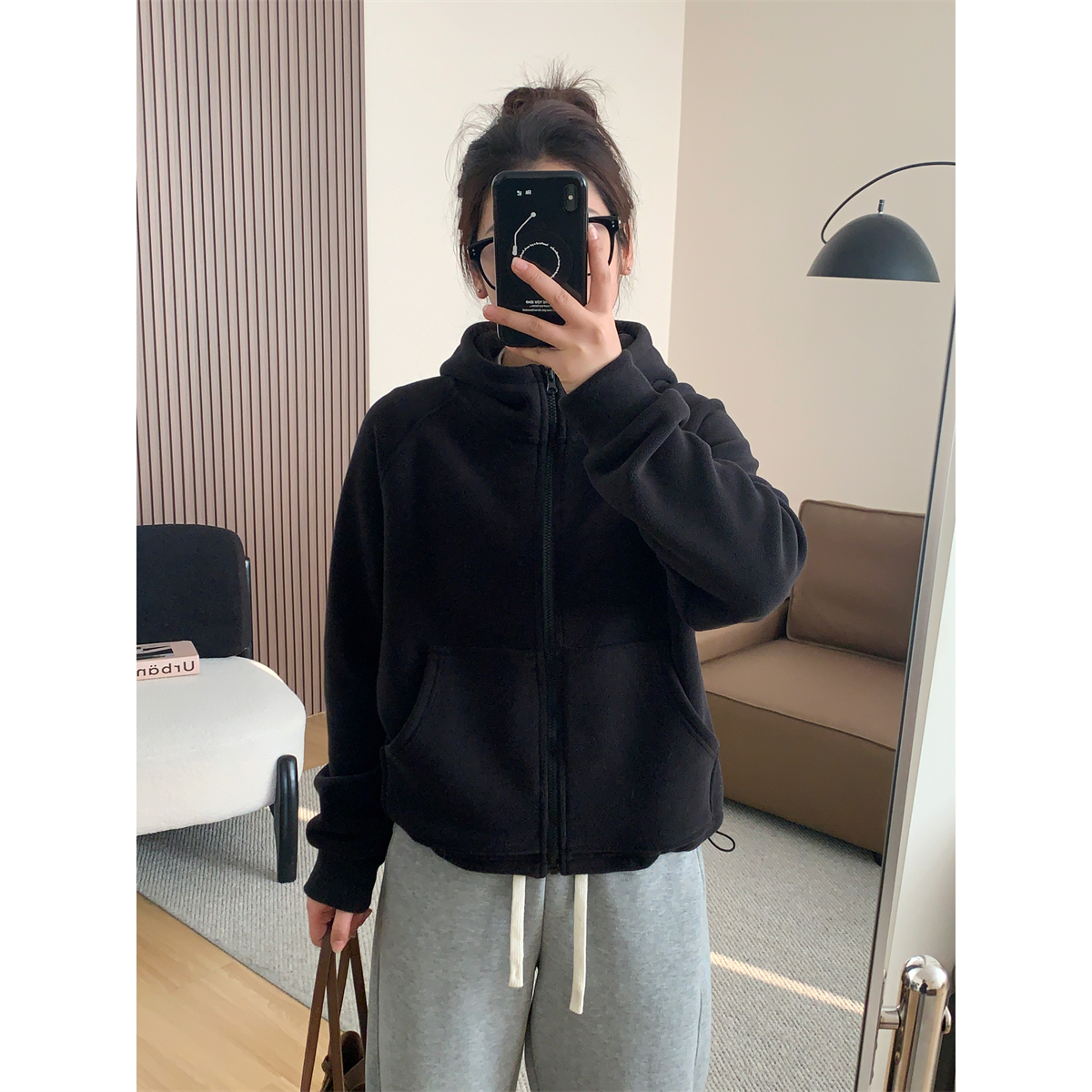 美式休闲加绒连帽卫衣外套