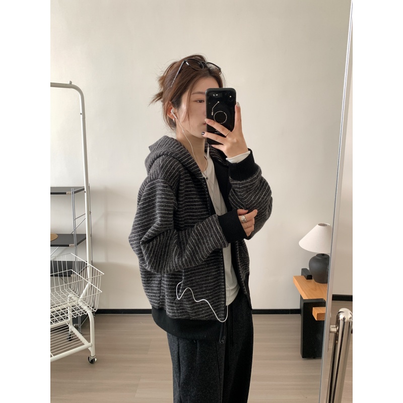 JMHHLL慵懒韩版条纹连帽卫衣
