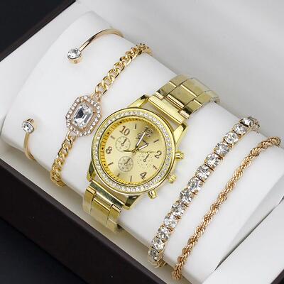 5PCS Gold Round Quartz Watch Women Fashion 3 Eyes Alloy Stra