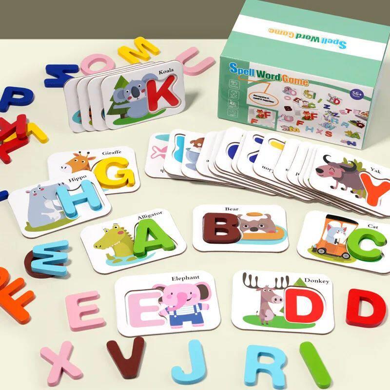 Montessori Wooden Spell Word Game Letter Cognitive Card Matc - 实物图