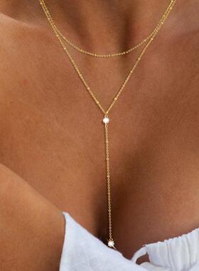 Tassel necklace 2-piece set跨境新款时尚双层Y型流苏项链2件套