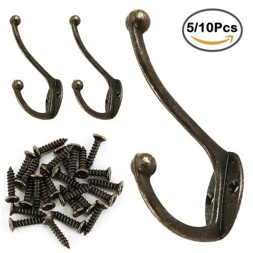 5Pcs Retro Hooks Wall Mounted Dual Coat Rack Coat Copper Clo
