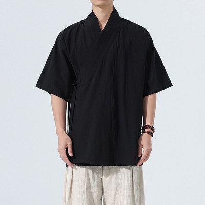 明制汉服男改良交领右衽练功服斜襟上衣新中式宽松短袖居士服茶服