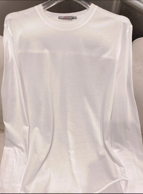 BENAO春秋欧货显瘦圆领纯棉拼接设计长袖口T恤舒适简约白色上衣女