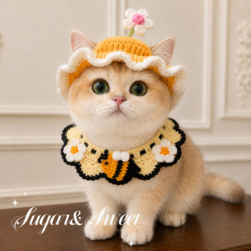 猫咪小花帽子手工编织小蜜蜂花朵围脖小猫项圈小狗口水巾宠物配饰