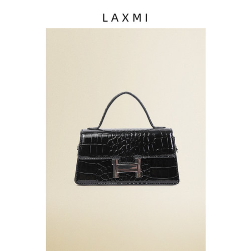 LAXMI鳄鱼纹黑色小方包百搭女包