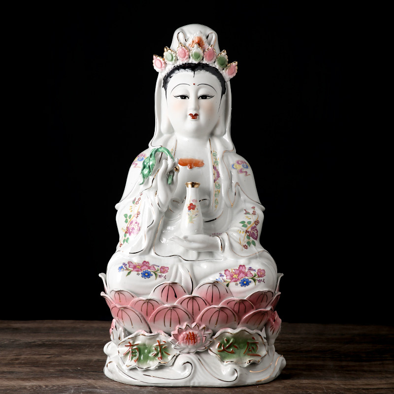 陶瓷白玉坐莲观音菩萨佛像南海观世音家居工艺客厅精品摆件