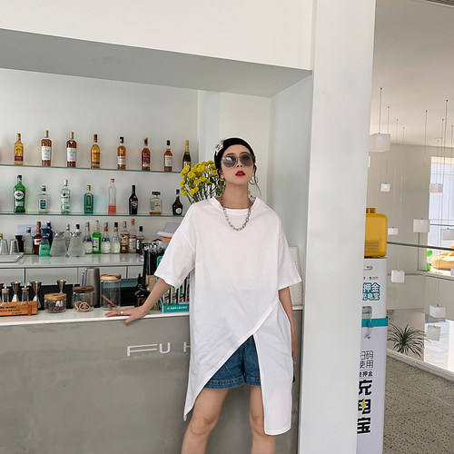 下摆开叉夏季新款港风不规则t恤