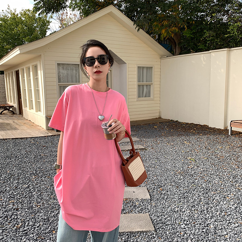 中长款短袖t恤女春夏粉色纯棉休闲减龄大码宽松显瘦慵懒风T恤裙