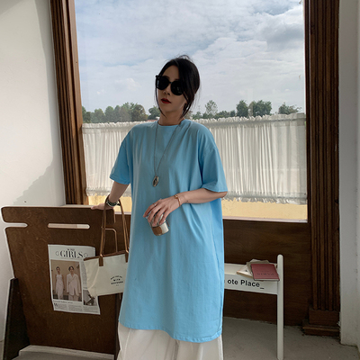 中长款T恤女春夏蓝色宽松慵懒风