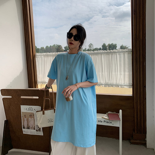 中长款T恤女春夏蓝色宽松慵懒风