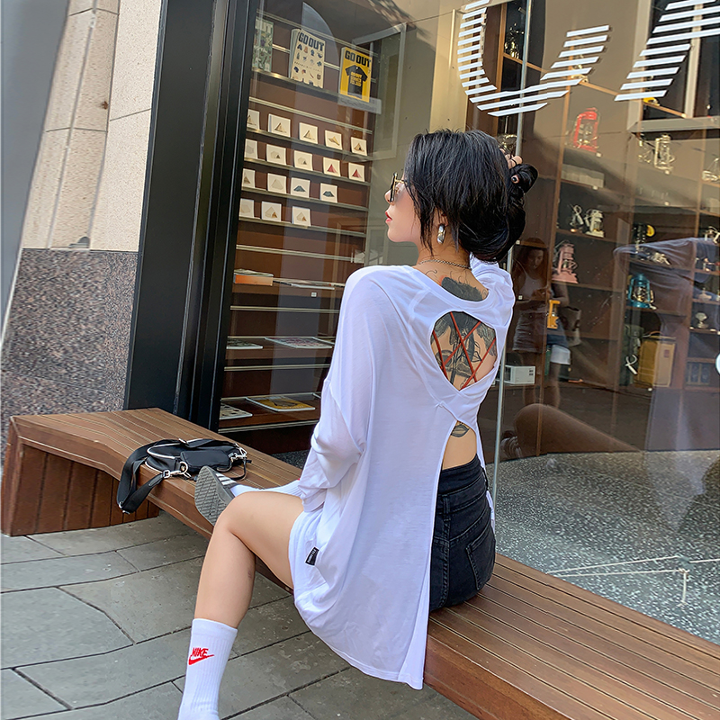 莫代尔t恤女长袖后背镂空小心机防晒衣洋气宽松中长款薄款上衣潮