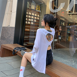 莫代尔t恤女长袖后背镂空小心机防晒衣洋气宽松中长款薄款上衣潮
