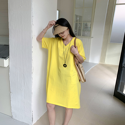 明黄色v领短袖t恤女春夏大码宽松