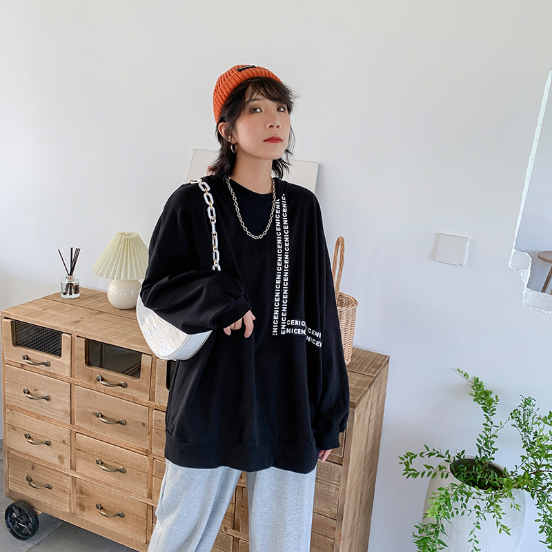 纯色长袖卫衣女秋季圆领套头宽松韩版大码慵懒风纯棉复古慵懒上衣