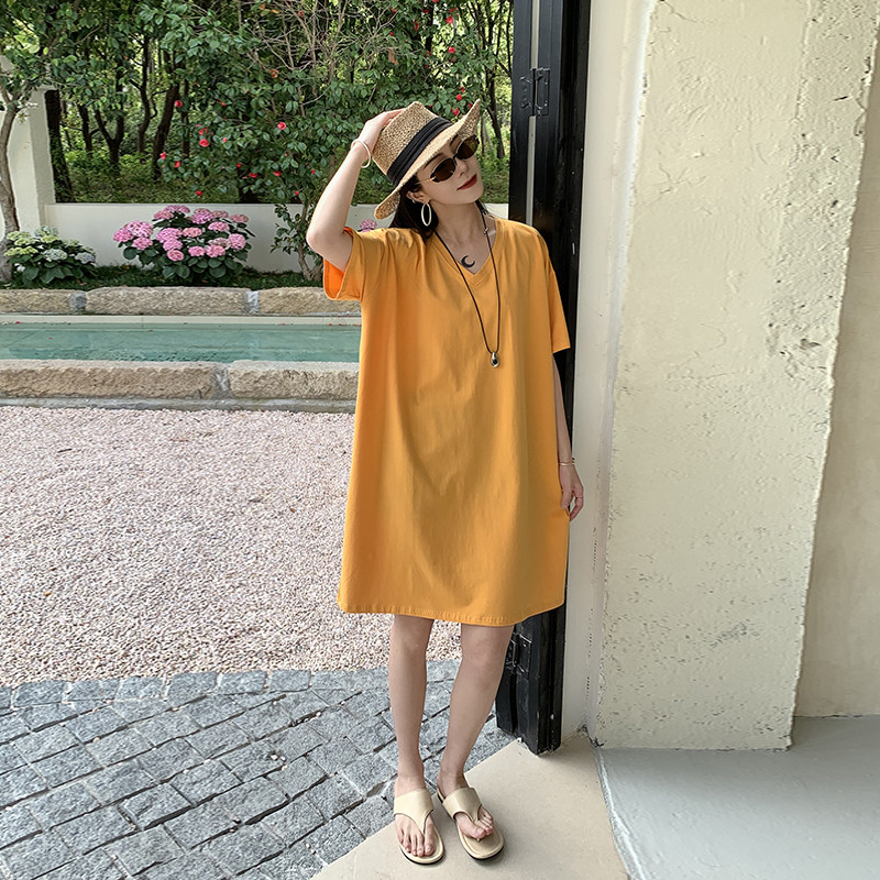 大码长款慵懒风v领短袖T恤女夏纯棉橘色宽松显瘦遮肉上衣打底衫