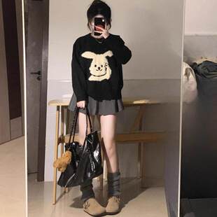 韩系慵懒感穿搭黑色毛衣女秋冬软糯提花小个子宽松慵懒针织衫上衣