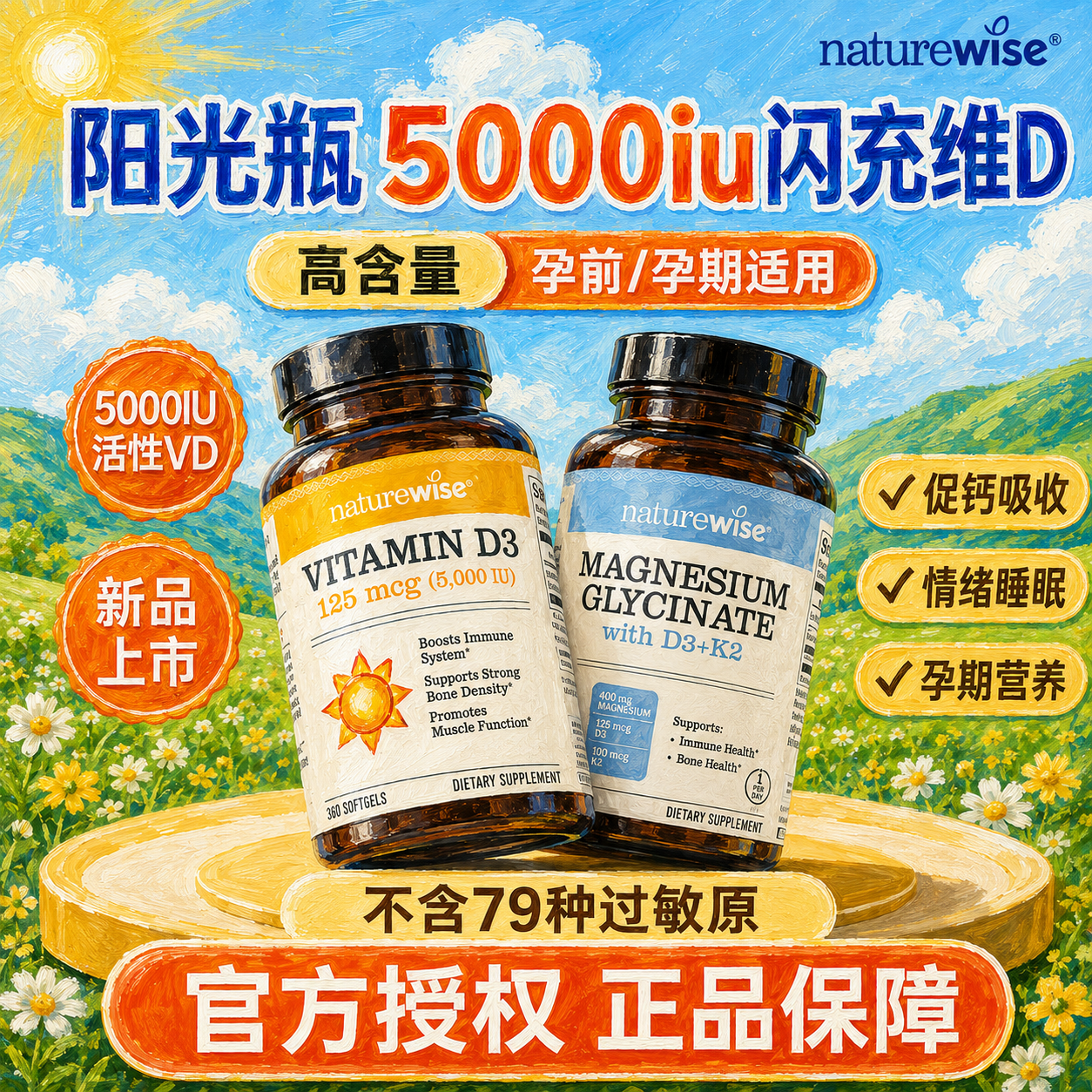 【官方正品】维生素d3阳光瓶维生素d成人女5000iu正品Naturewise