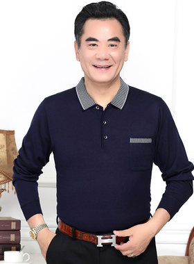 夏季中年男士薄款长袖t恤有口袋带领体桖纯棉秋衣爸爸夏装上衣丅